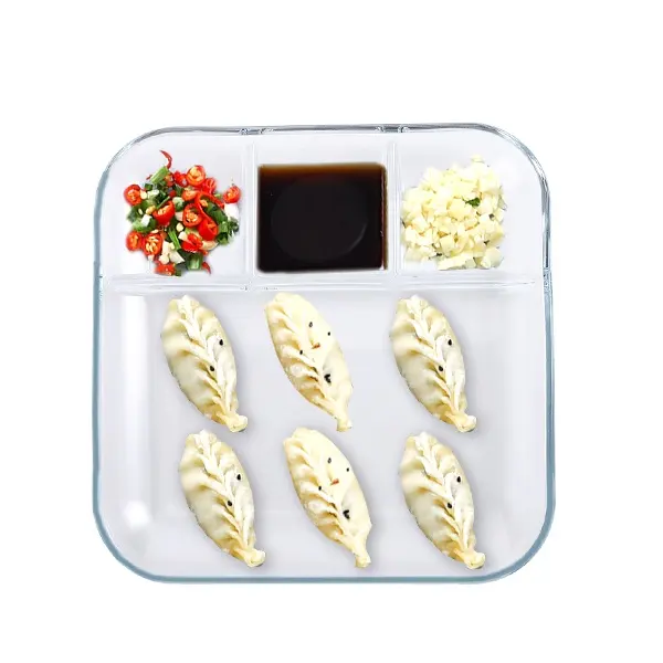 LAKOTTO-plato dividido de vidrio templado con salsa de vinagre, Plato cuadrado de dumplings, placa de desayuno de carne occidental separada, idea