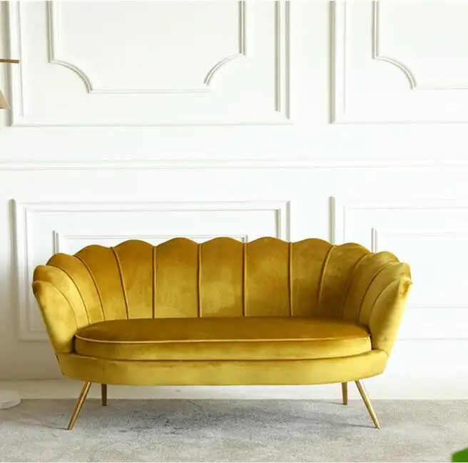 Cadeiras de luxo em forma de concha de flores, cadeiras de sofá de luxo em forma de ouro ou latão, tecido de veludo, móveis de 2 lugares, sala de estar, cadeira moderna