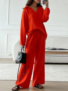 100% Cotton Elegant Women's Casual Solid Pattern <strong>Two</strong>-Piece <strong>Set</strong> Long-Sleeved Top with Drawstring Trousers - Product Image 2
