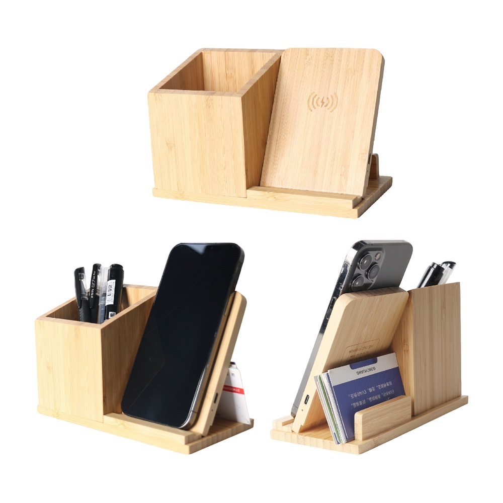 Porte-stylo en bambou avec chargeur sans fil intégré et logo