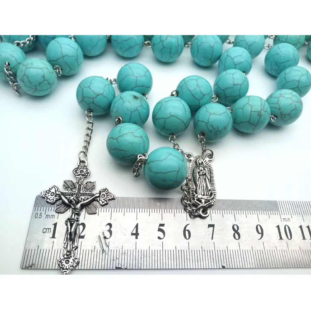 Chapelet en perles turquoises, perles pour femmes, 16mm, collier en maille avec croix, Promotion Vintage religieux