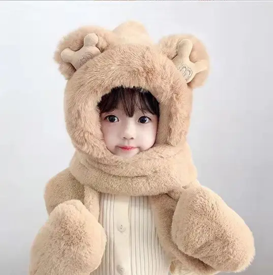 knitted cap for children Autumn Winter Warm Plush Scarf One Piece Thick Ear Protection Warm Plush Hat