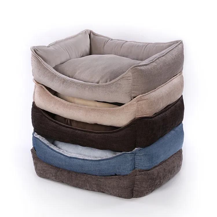 Fabrika özelleştirilmiş minimalist mavi keten kadife kumaş dikdörtgen köpek yatağı modern ayrılabilir yastık pet köpek yatağı