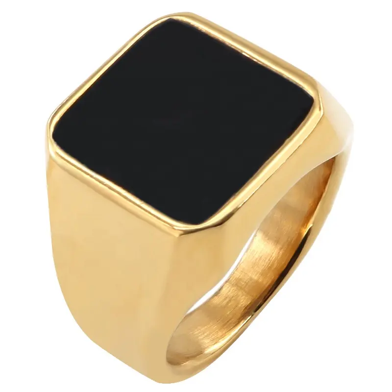 Anillo de oro de acero inoxidable para hombre, Gema negra chapada en oro de 18K, joyería rugosa de moda