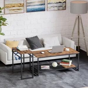 <strong>Rectangular</strong> Two-tier Coffee <strong>Table</strong> Designed With Metal Net and Wood Board, <strong>Nesting</strong> <strong>Table</strong> Comes With a Sofa Side <strong>Table</strong> - Product Image 3