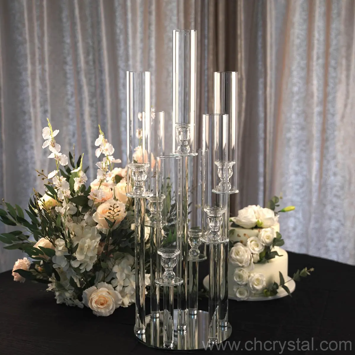 Decorazione della tavola portacandele a 7 bracci alto cristallo K9 con base circolare tubi di vetro candelabri matrimonio vendita usato