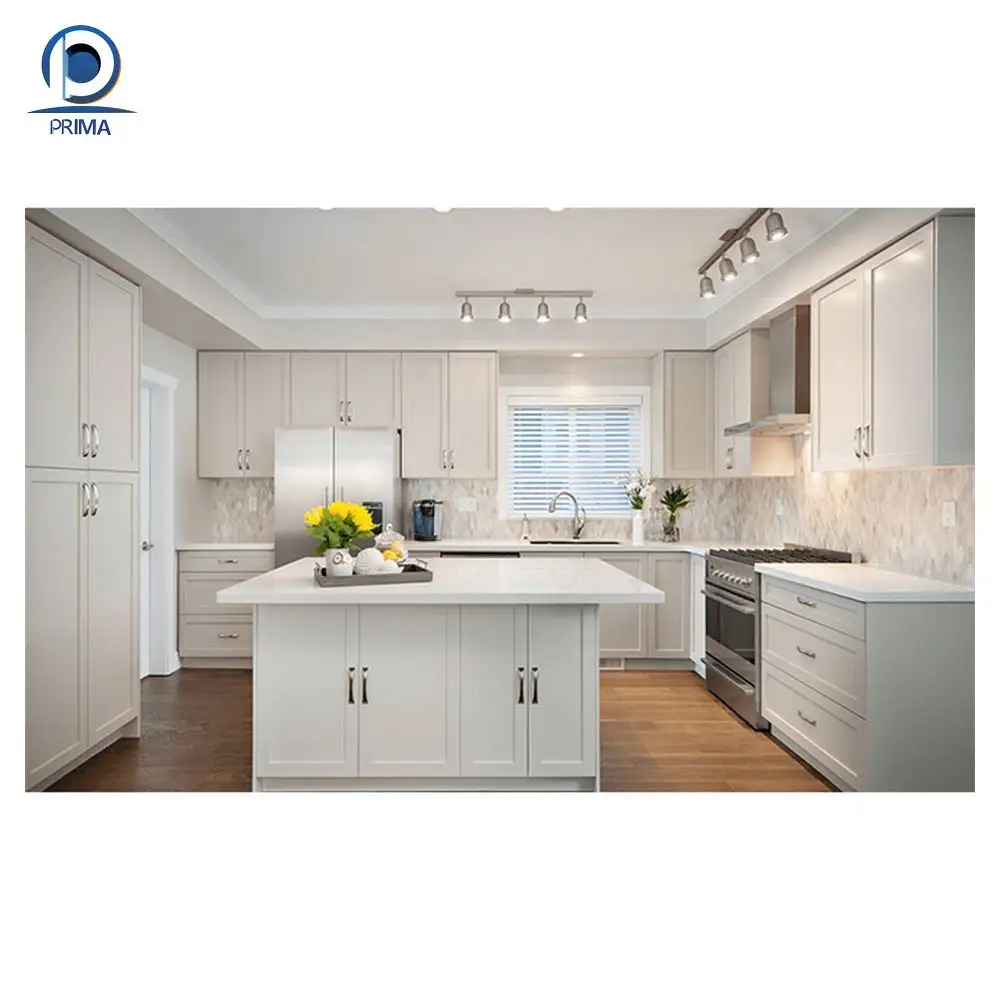 Prima High End American Farmhouse Melamine Kitchen Cupboard Oak Shaker Style Grey Kitchen Cabinets