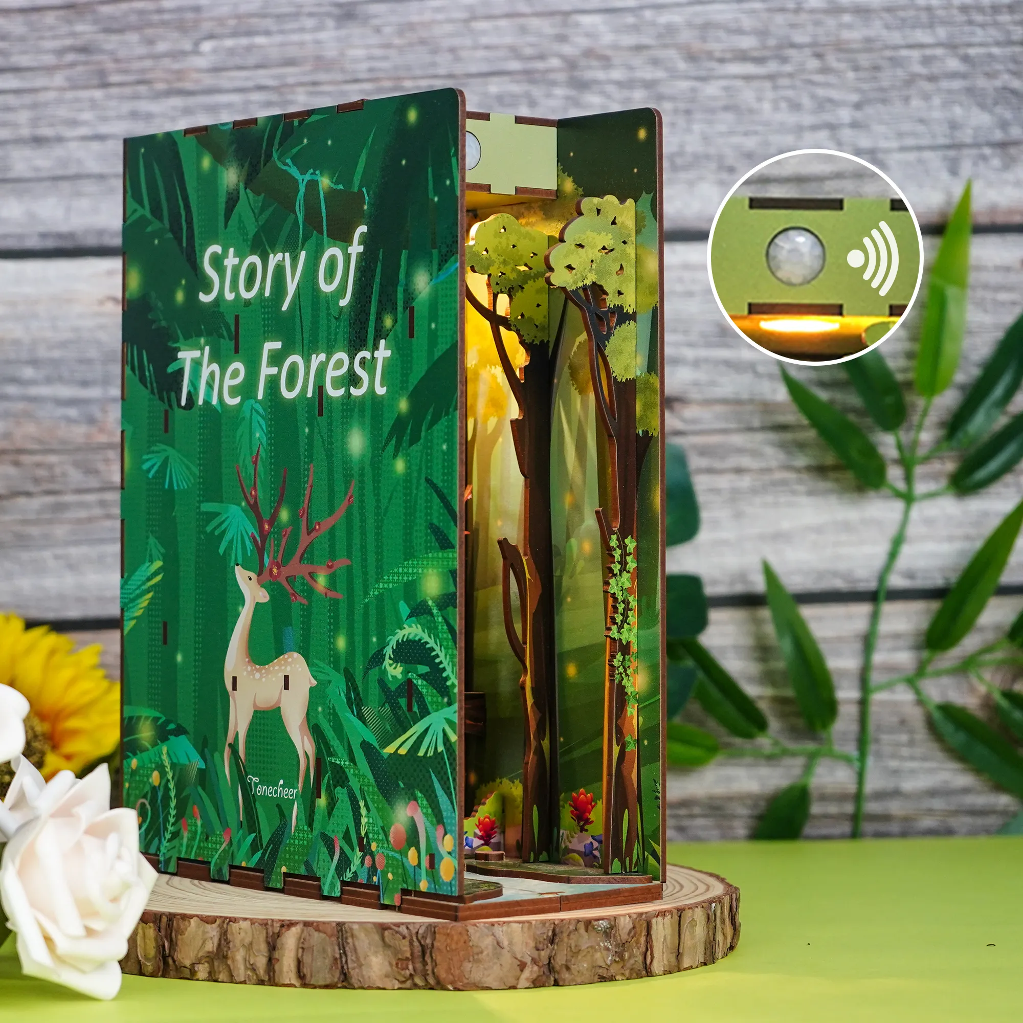 Tonecheer história da estante floresta 3d de madeira, diy, miniatura casa livro nook