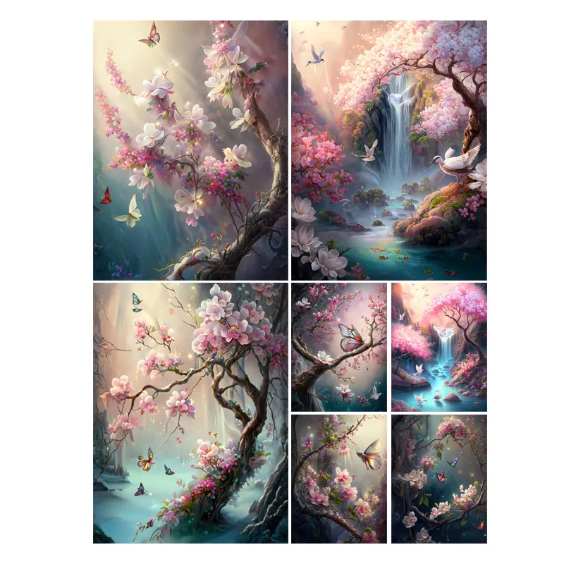 Diy mosaik seni bunga sakura kupu-kupu pemandangan lukisan berlian pemandangan air terjun penuh berlian imitasi 5D gambar bordir
