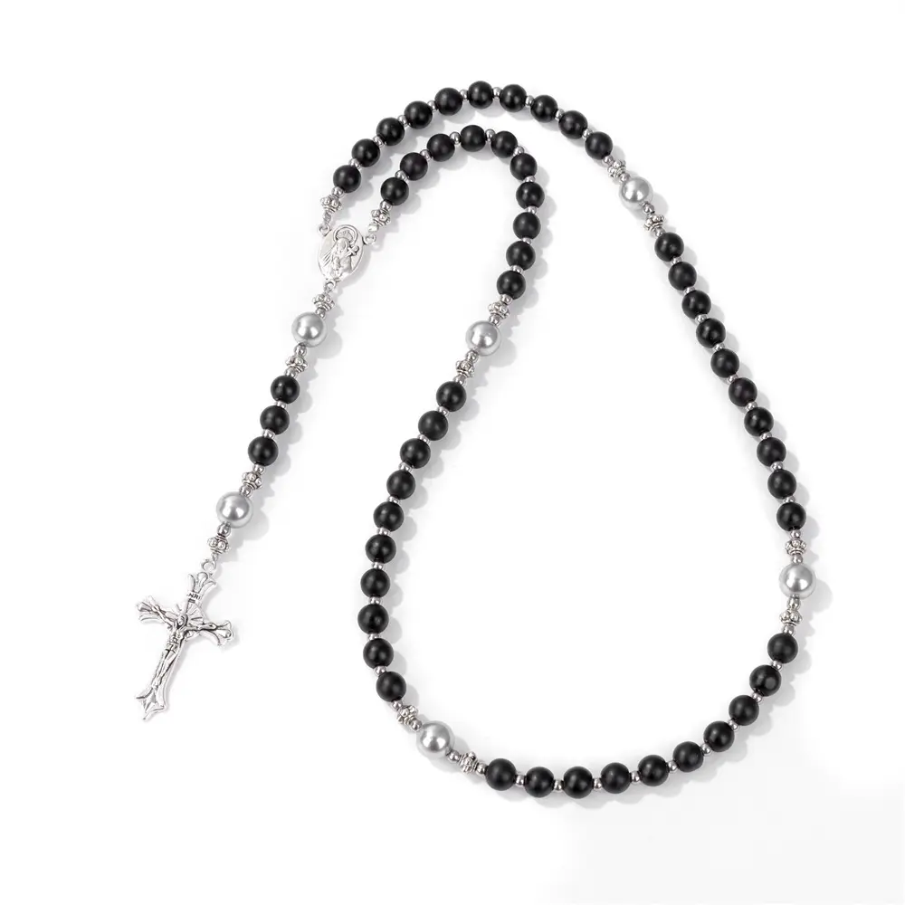 KOMI Religious croce ciondolo collane pietre preziose con perline rosario di colore multiplo pietra naturale collana di perle per gli uomini delle donne