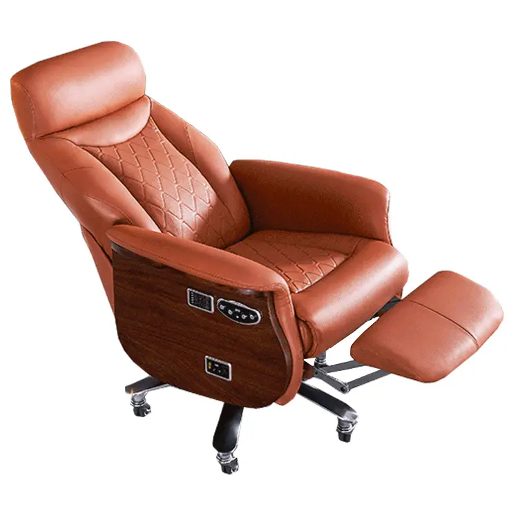 Kursi kantor pijat kulit, kursi kulit teknologi tinggi, oranye, pemanas, kursi eksekutif, dapat diperpanjang, kursi kantor, rumah