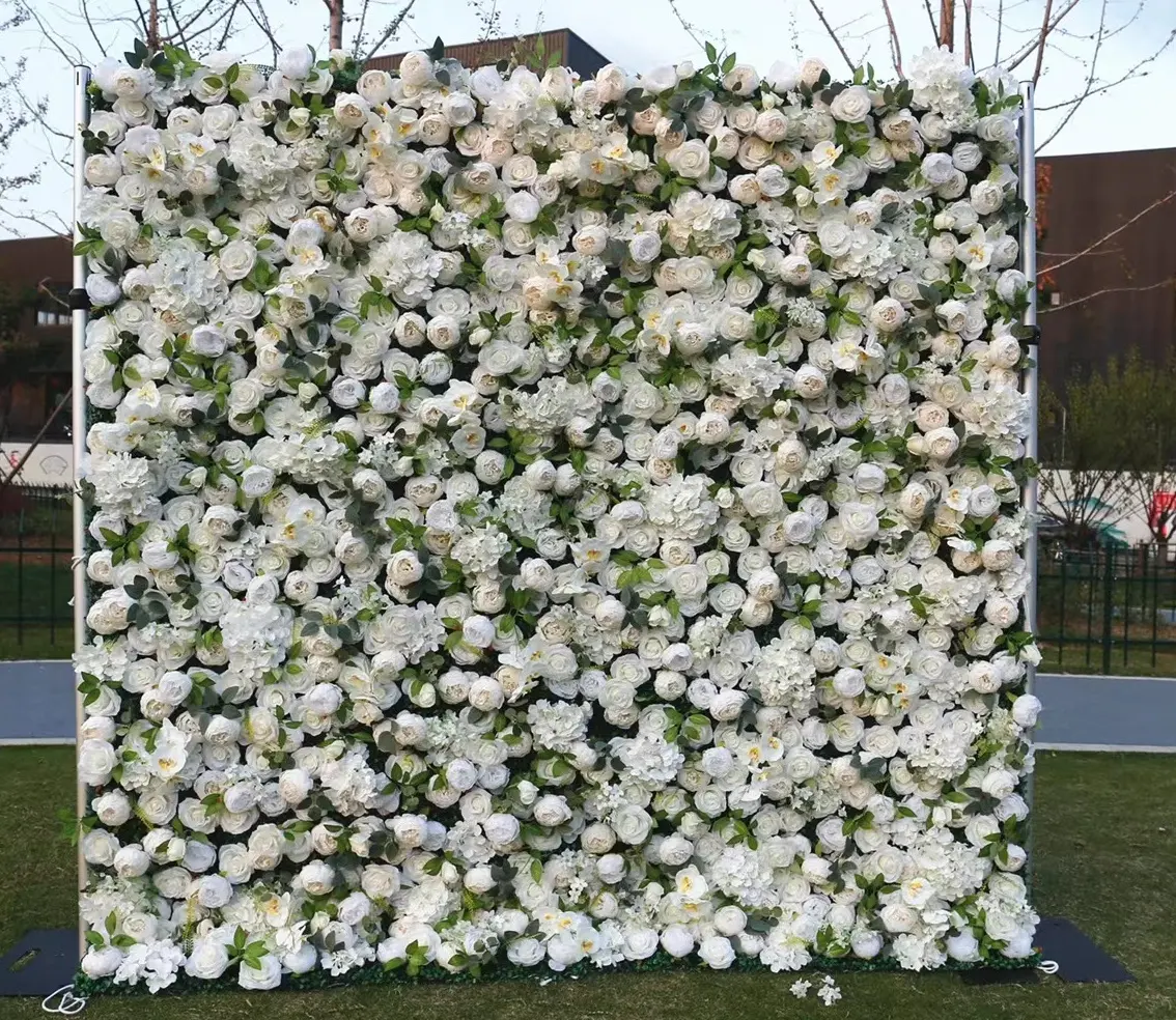 Panel de flores 3D para pared de boda, telón de fondo de flores blancas