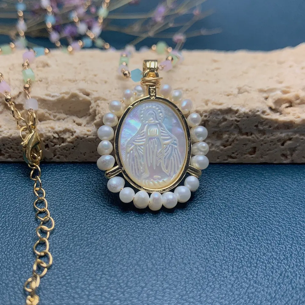 Ожерелье Богородицы Святой Гуадалупе для женщин, цепочка из камня 2021, Овальный Медаль с натуральным пресноводным жемчугом, шваброй, ракушкой, подвеской, ювелирные изделия