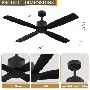 Offre Spéciale Ventilateur de plafond de 52 pouces Design moderne Noir mat 4 pales ABS Moteur silencieux (AC) Sans lumière-Blackout Electrique - Product Image 6