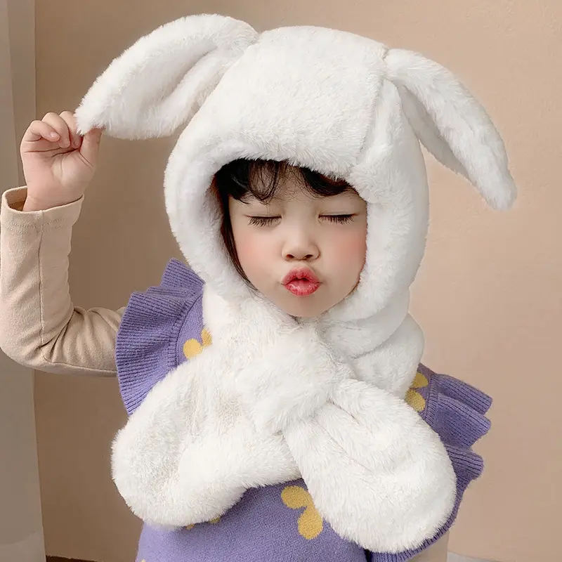 Gorro de invierno con Orejas de conejo de felpa para niños, niñas, niños, bufanda ajustable, orejeras gruesas, gorro protector para la cara, cuello cálido, Czapka Niemowlak