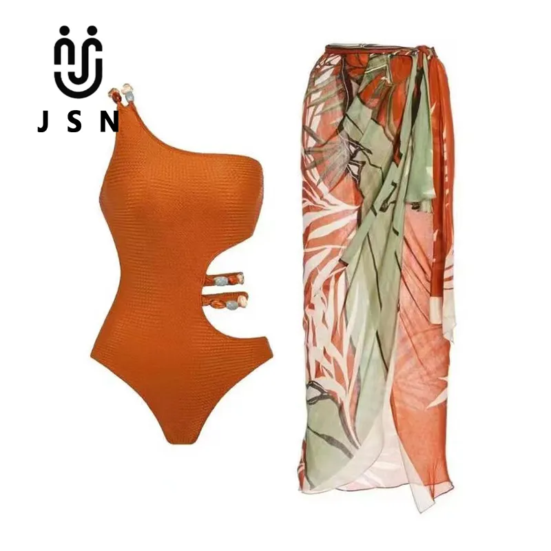 JSN ชุดว่ายน้ำสตรีแบบเปิดไหล่ข้างเดียวแนววินเทจชุดว่ายน้ำวันพีช2024ใหม่
