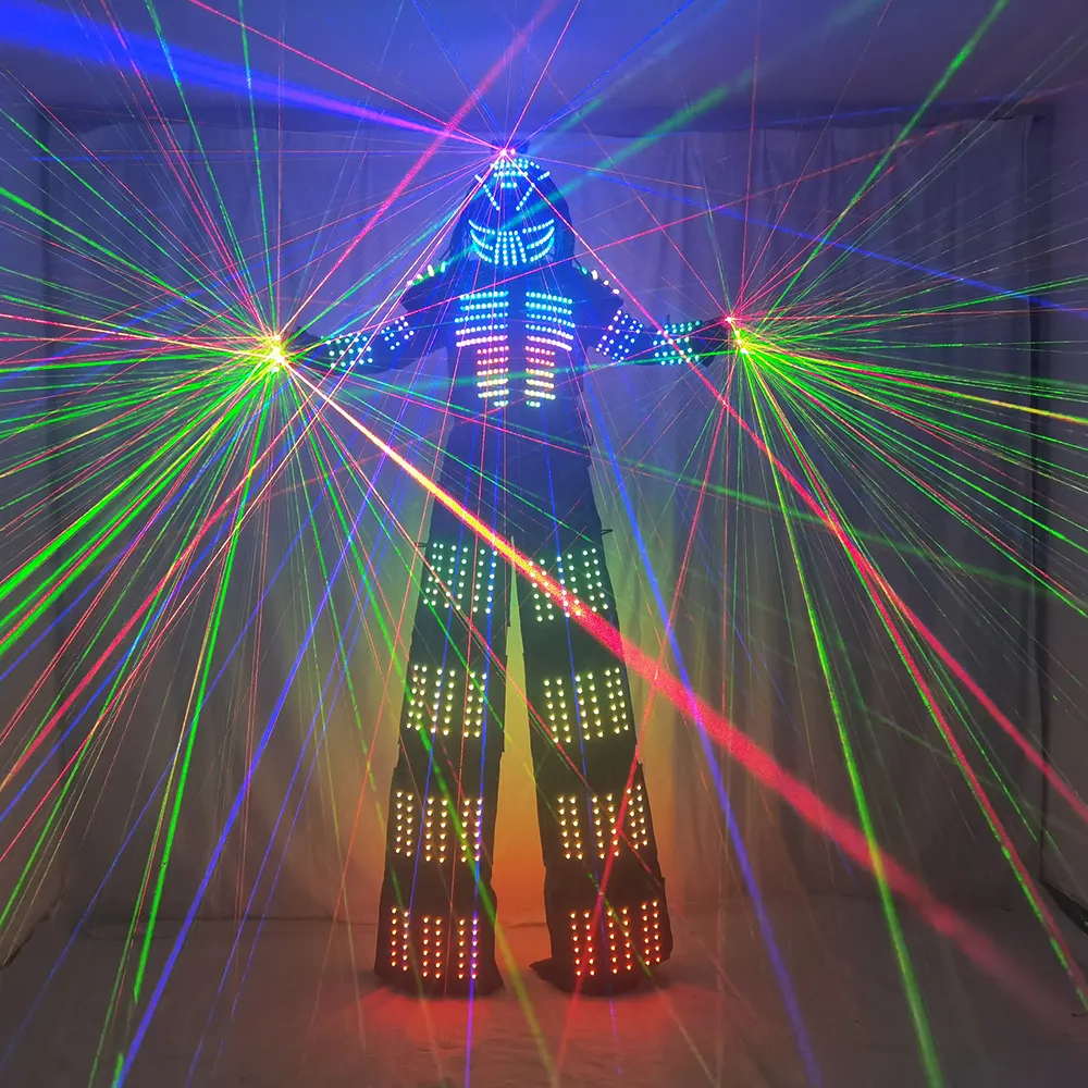 LED Robot Costume Stilt Walking Luminous Suit Jacket with Laser Gloves Helmet for Bar DJ Music Festivals Performance Wear