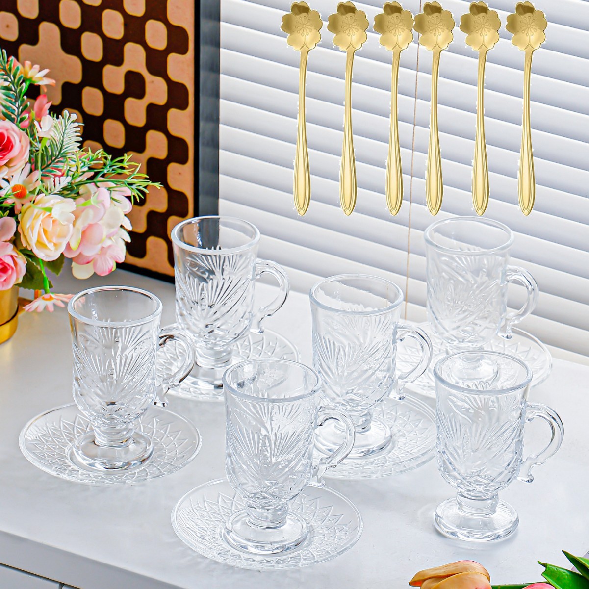 Vaso de tallo - diseño floral - 6 tazas, platillo y cuchara