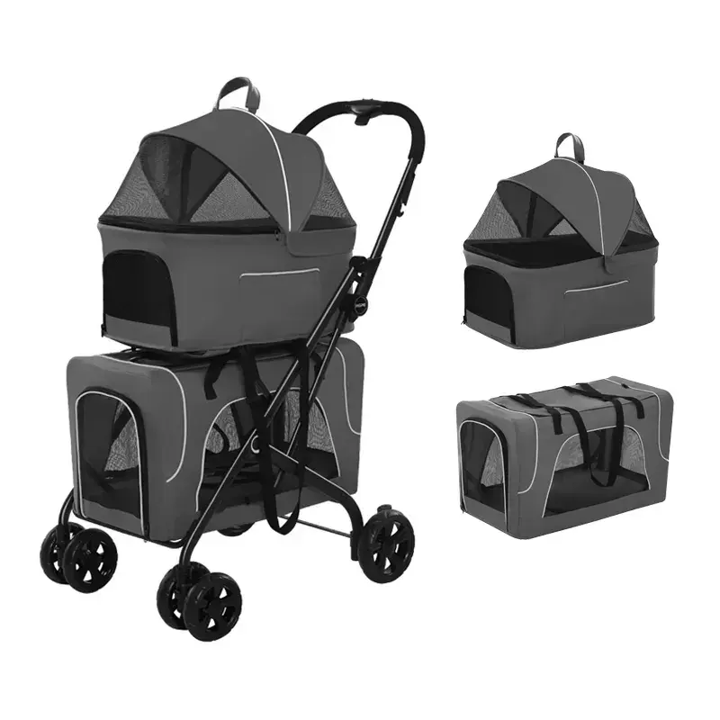 Poussette Pliable 3 en 1 Double Couche Pet Carrier Bag Dog Stroller