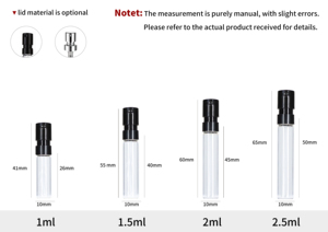 Frascos de Vidro Mini Para Amostra de Perfume 1ml 2ml <span class=keywords><strong>2</strong></span>.5ml Atacado Com Válvula Spray e Tampa Preta Baixo MOQ Em Estoque Logo Serigrafado - Product Image 3