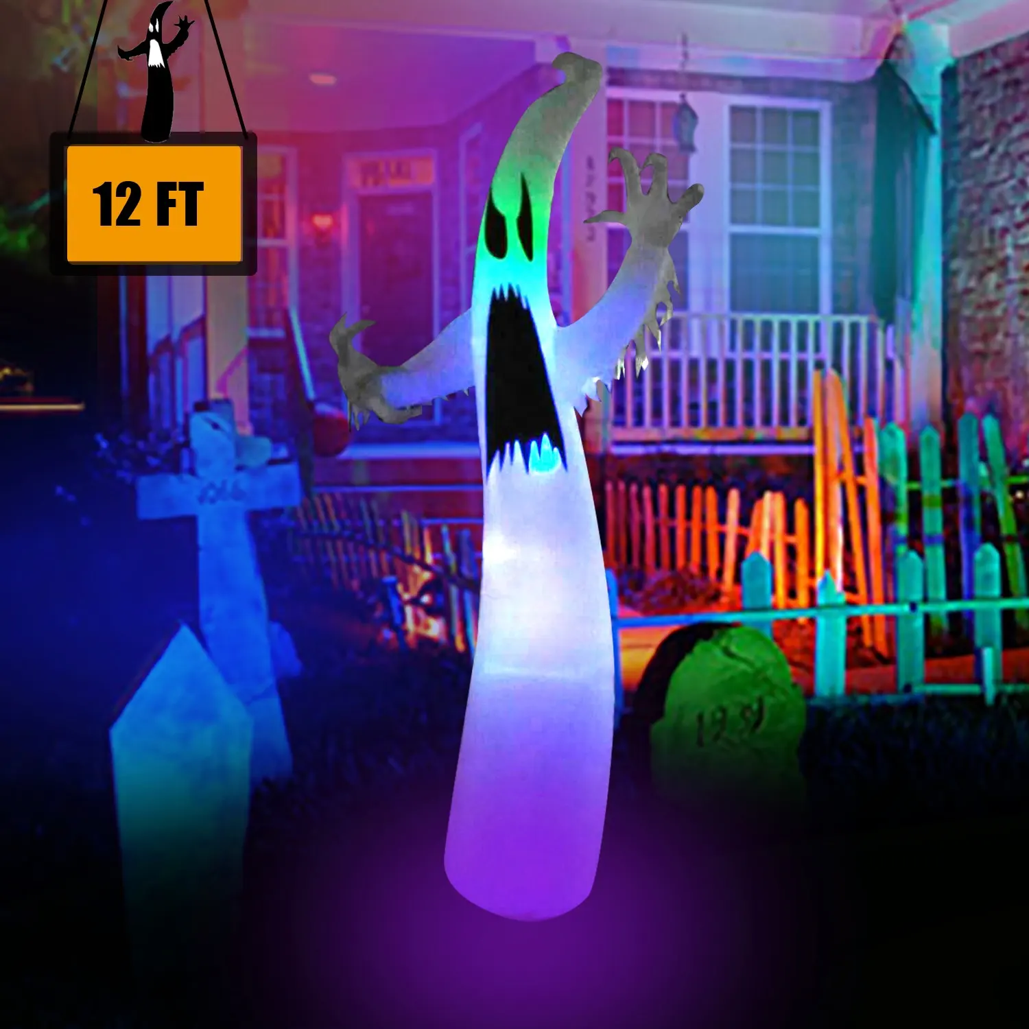 12 Fuß hoch und dünn weißer Geist aufblasbar für Halloween mit farbigen LED-Lichtern Outdoor-Party-Dekorationen