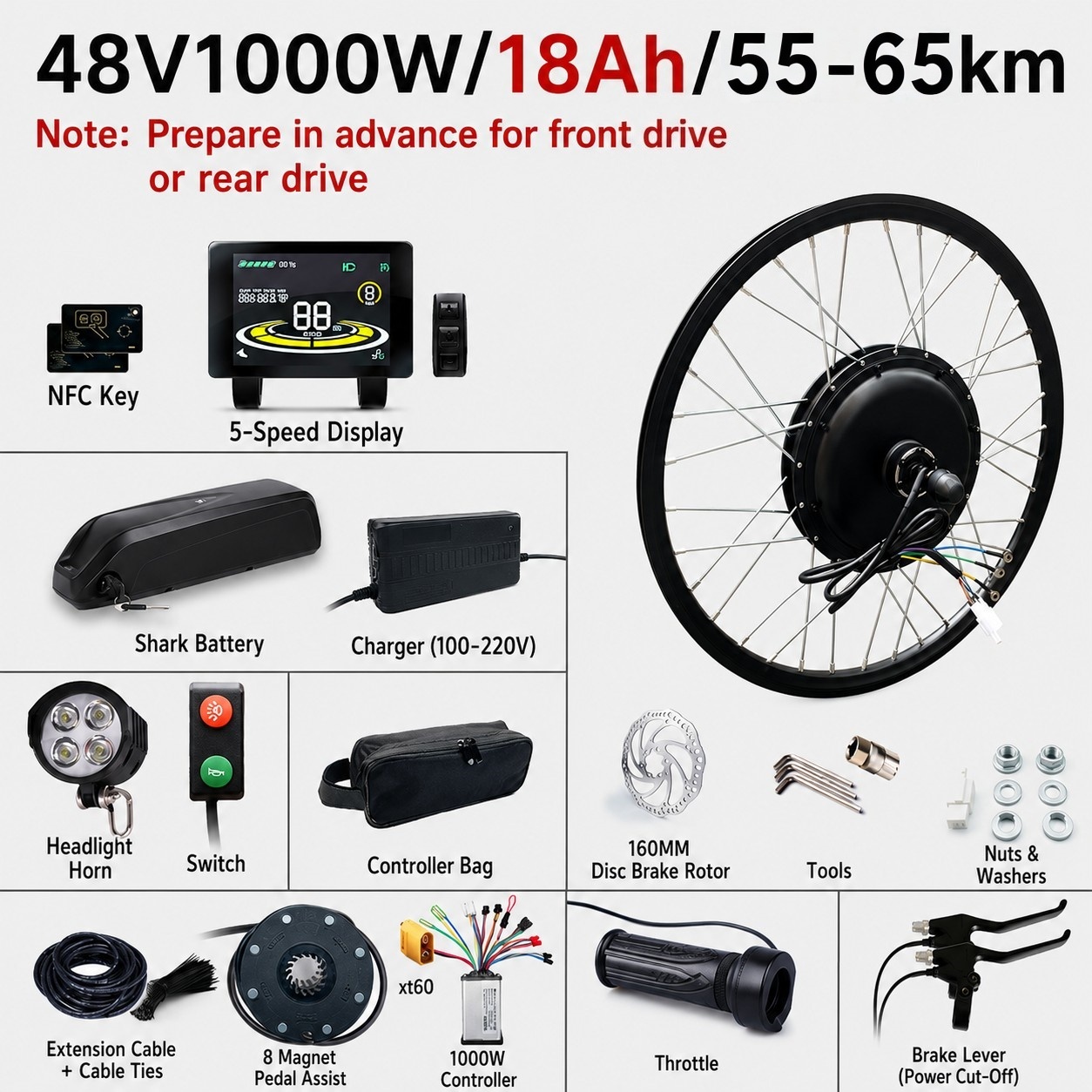 48V 18Ah, range of 55-65 km (Hailong battery)