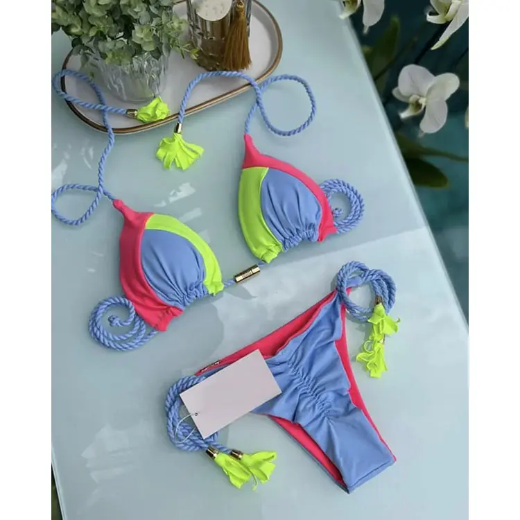 Bikini de lujo de marca privada Color de bloque Traje de baño de Bikini brasileño con borlas de dos piezas