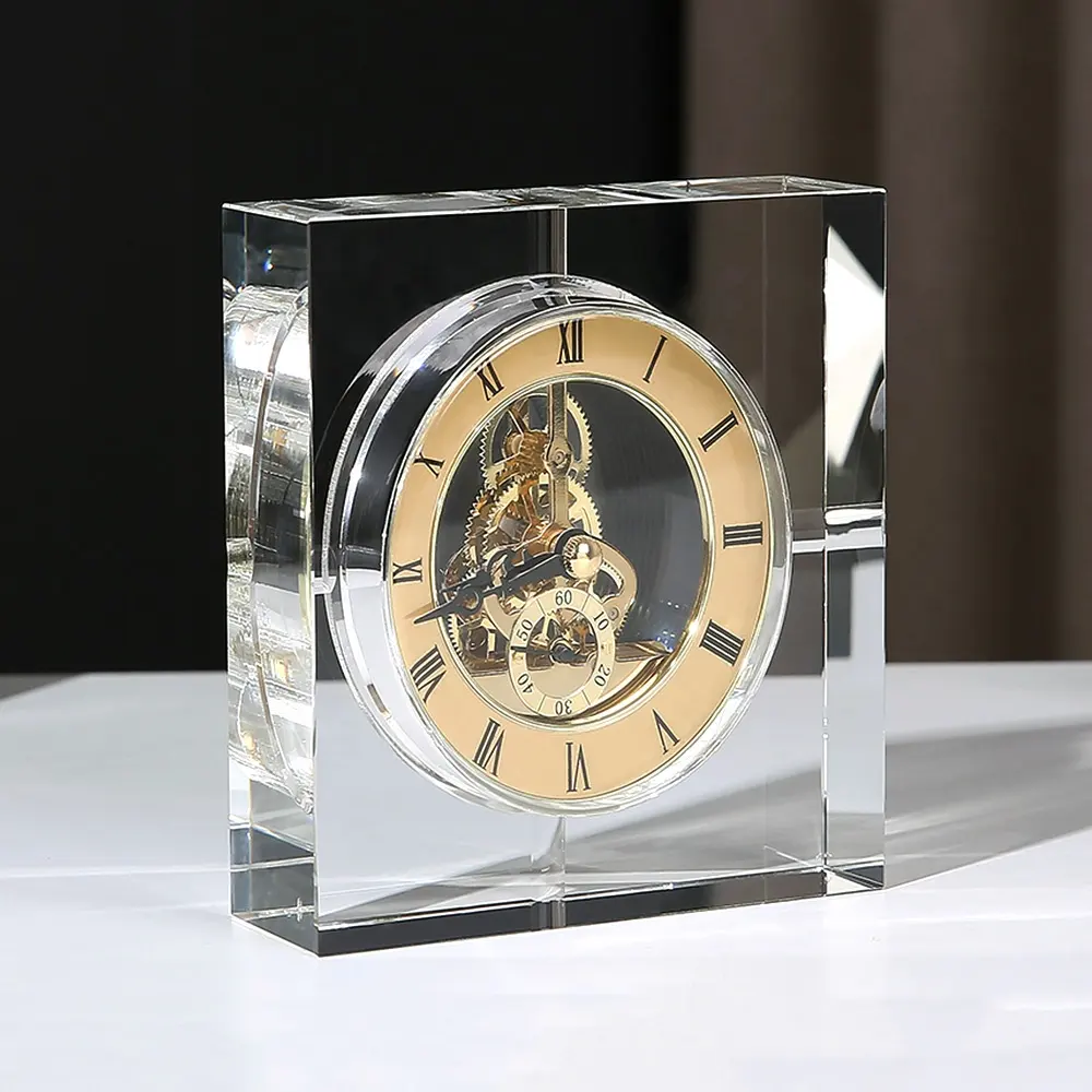Horloge de table en cristal avec logo personnalisé Ornements de bureau en verre pour la maison Mariage Déco Cadeau d'invité Souvenirs