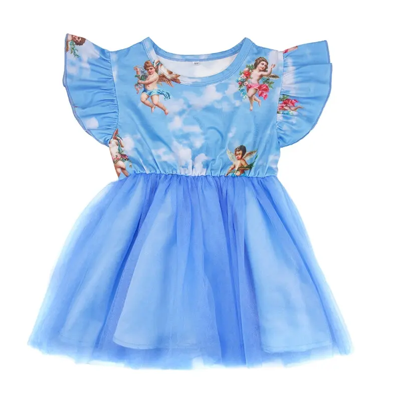 2019 حسب الطلب الأزرق اللباس منقوشة أكمام فستان فضفاض للطفل الفتيات