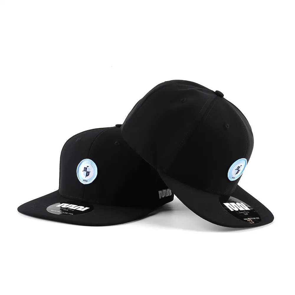 Gorra Snapback con logotipo de parche de etiqueta tejida de 6 paneles de alta calidad, gorra de Hip Hop negra estructurada impermeable de poliéster gorra plana