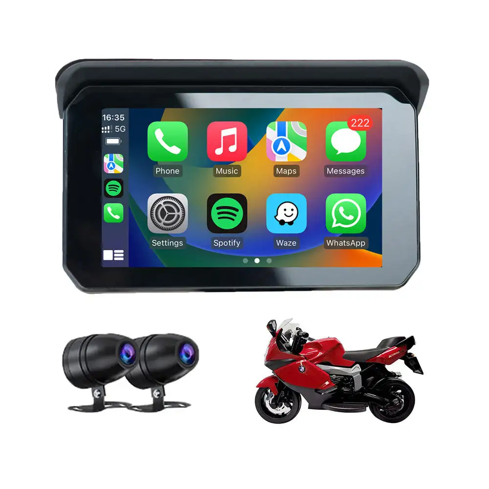 Layar GPS sepeda motor, navigasi portabel 5 inci GPS sepeda motor tahan air tampilan Carplay sepeda motor nirkabel Android layar GPS otomatis Apple