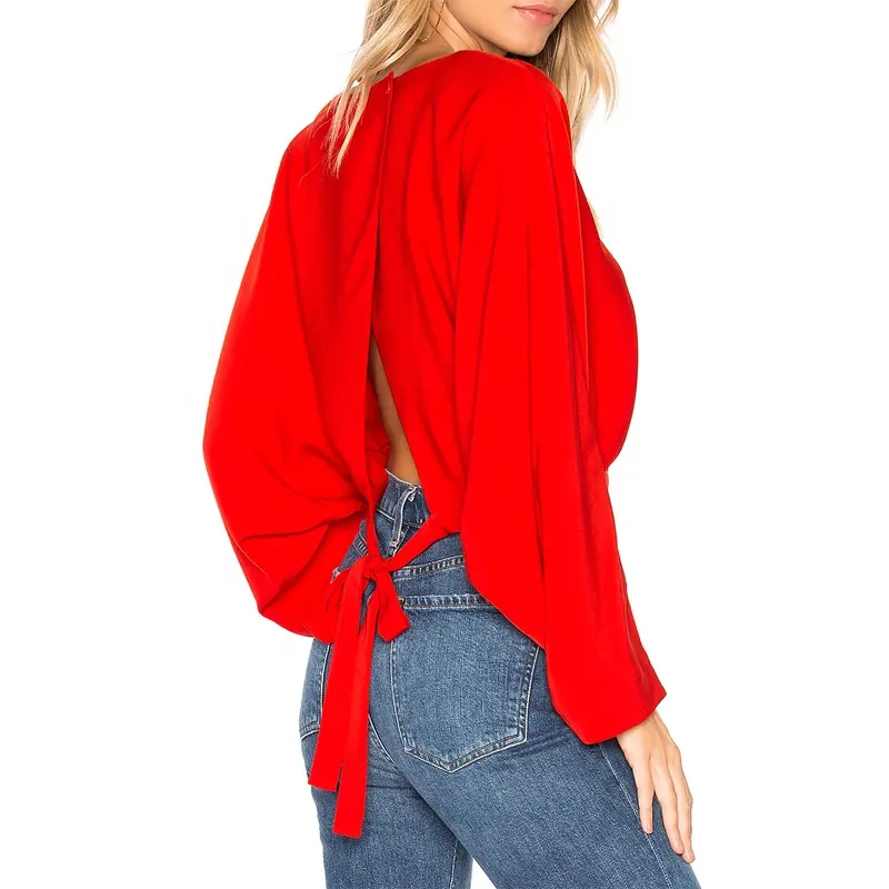 Blusa sexy de color rojo con espalda descubierta para mujer, blusa con cierre ajustable en la espalda, corte en la espalda