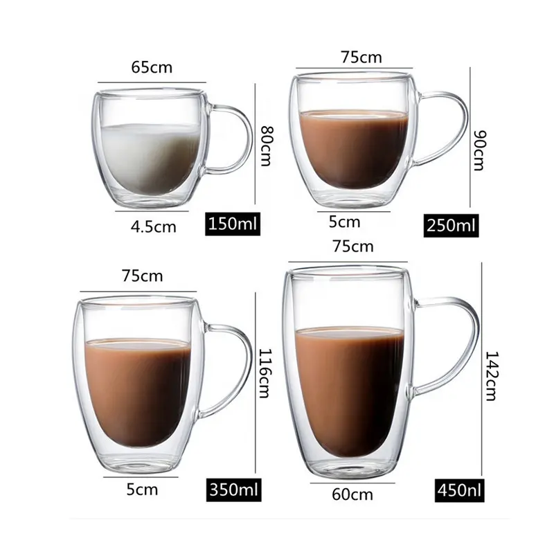 Tazas de té y café de vidrio de doble pared con aislamiento de borosilicato transparente de 350ml con logotipo personalizado al por mayor, tazas con asa