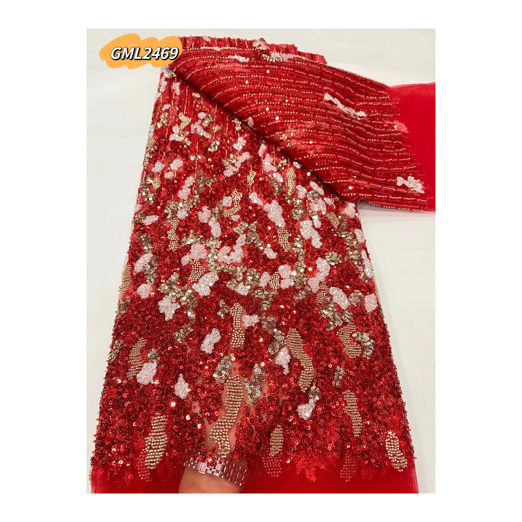 Tissu de dentelle de perles brillantes faites à la main rouge français broderie de 5 mètres avec des paillettes tissu de dentelle africaine filet nigérian pour la fête de couture