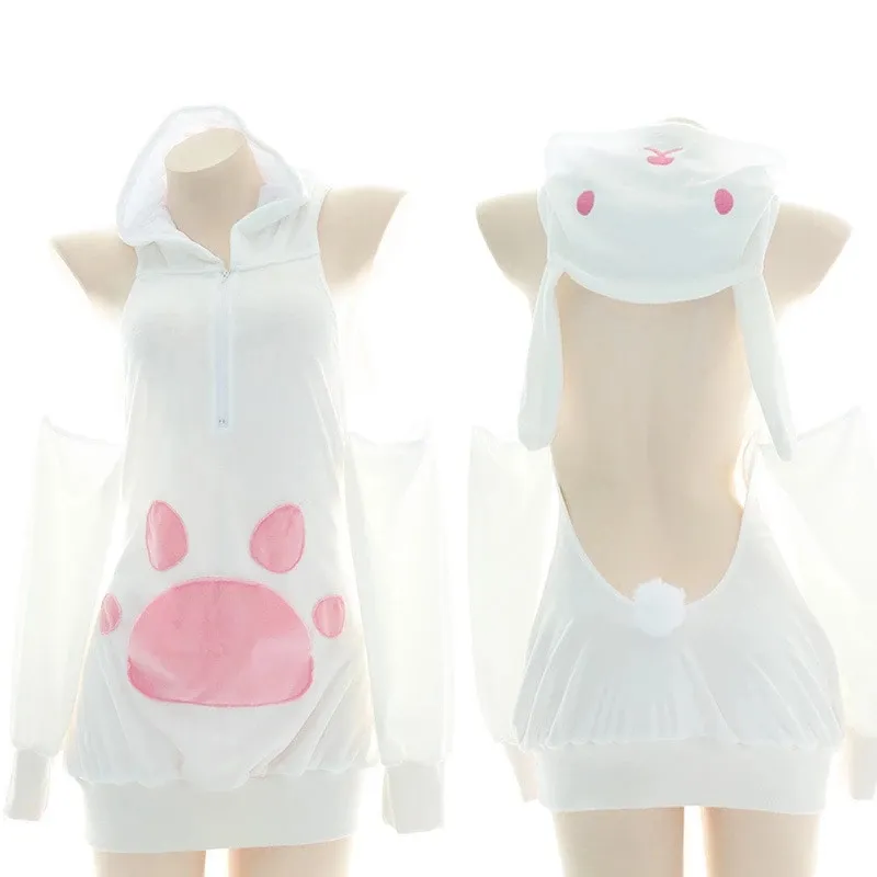 Fille Chat griffe motif Kawaii Peluche à capuche sexy dos nu Chaud lapin pyjamas cosplay Costume
