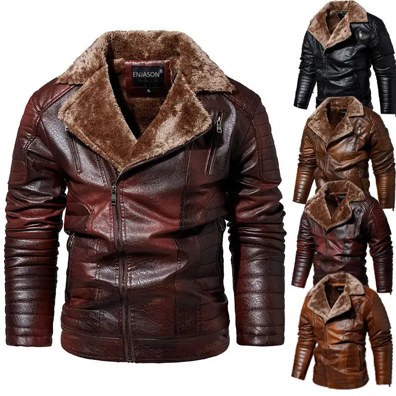 Jaket kulit PU mewah untuk pria, jaket kulit PU pria, jaket sepeda motor pria terintegrasi bulu Eropa dan Amerika, jaket mewah musim dingin untuk pria