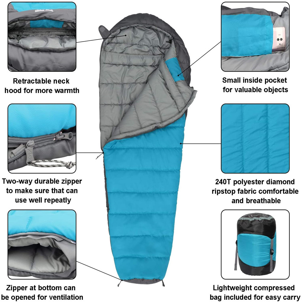 40D 240T Polyester Camping Sleeping Gear Comfort 3 Season Mummy Sleeping Bag 4