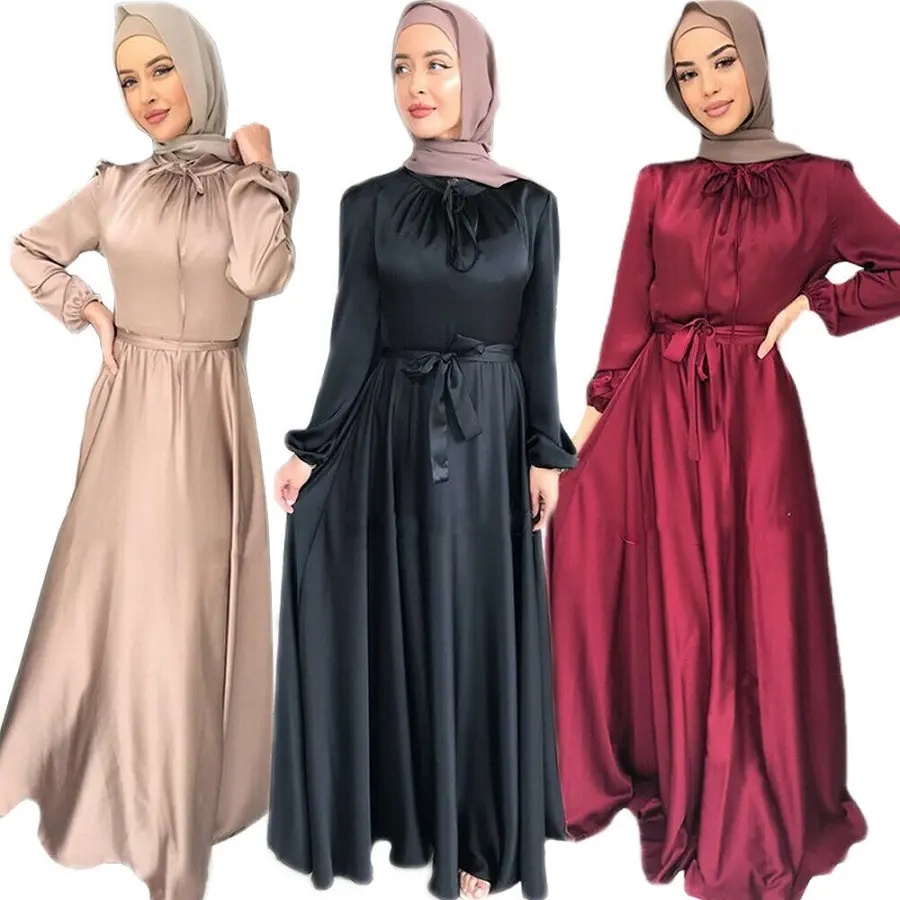 F060 # Diskon Besar Grosir Gaun Pesta Malam Wanita Gaun Maxi Wanita Muslim Sutra Susu Lengan Panjang Penuh Abaya