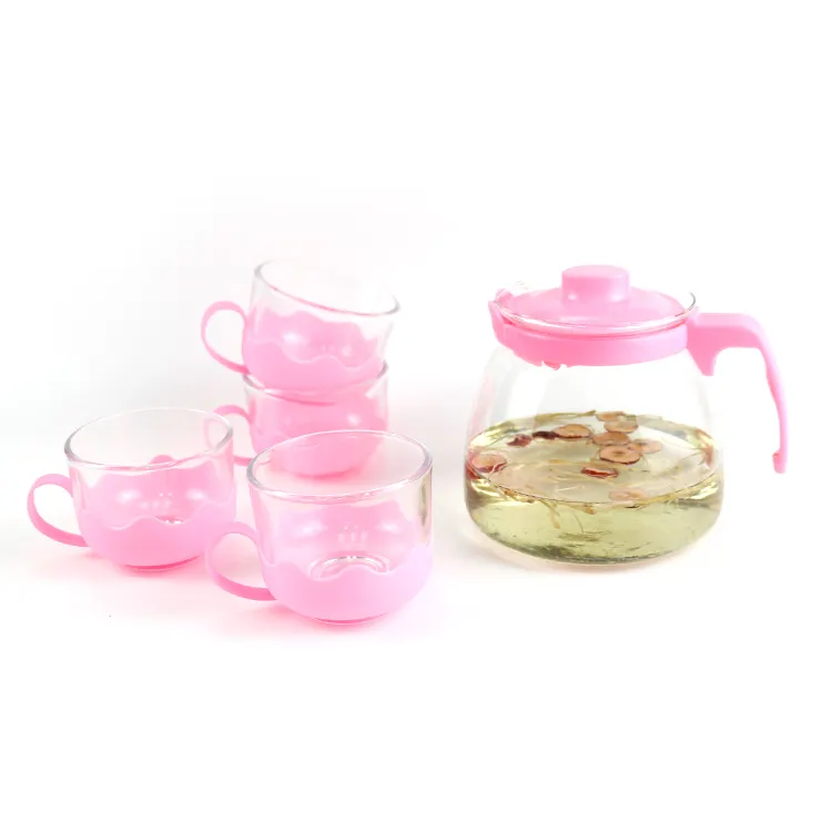 गुलाबी पारदर्शी कांच चाय के बर्तन सेट चायदानी Infuser चाय और कॉफी पत्ती हर्बल 4 कप के साथ