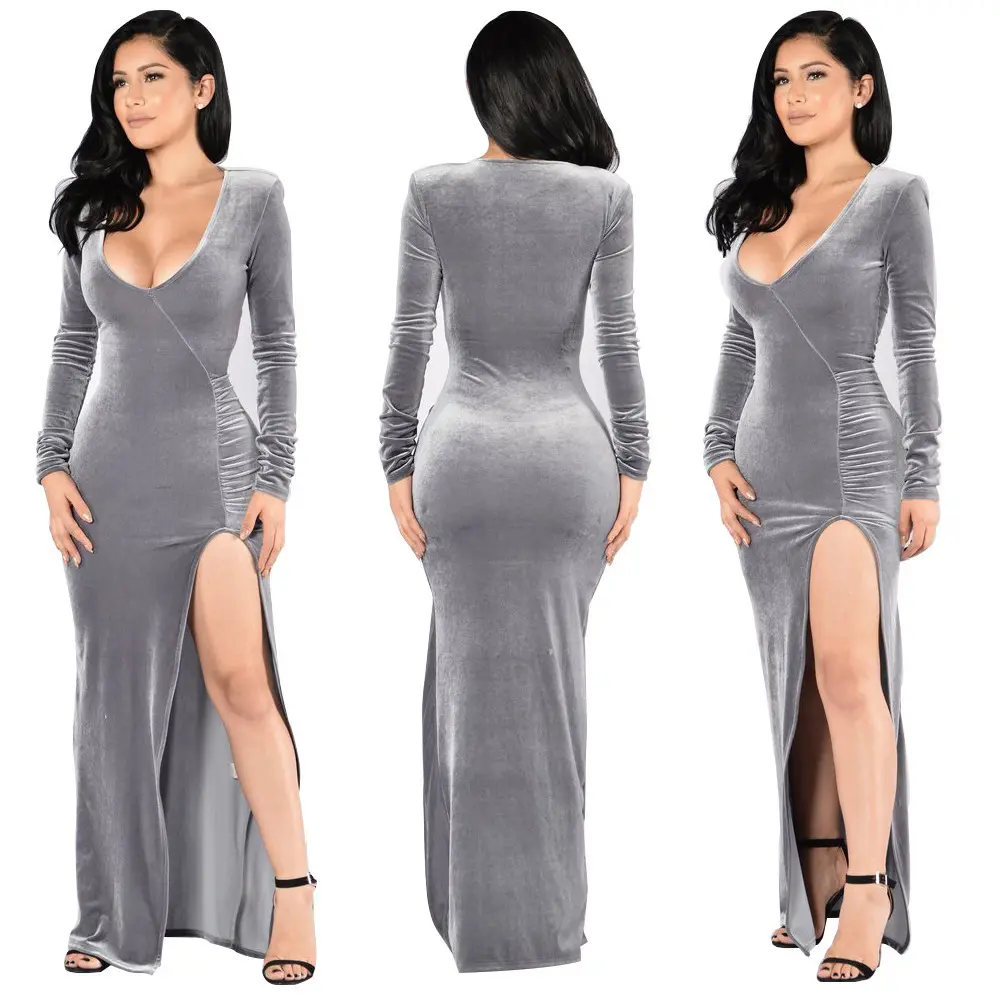 महिलाओं के कपड़े फैक्टरी उत्पादन नई आगमन 2022 वि गर्दन मखमल लंबी आस्तीन शाम पोशाक उच्च स्प्लिट सेक्सी