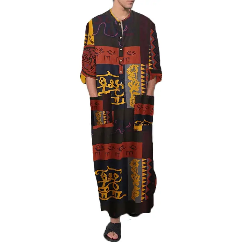 ثوب نوم جديد للرجال قميص مخطط عربي ملابس عرقية أكمام طويلة ريترو كيمونو منزل تنورة قطن برداء حمام ملابس داخلية