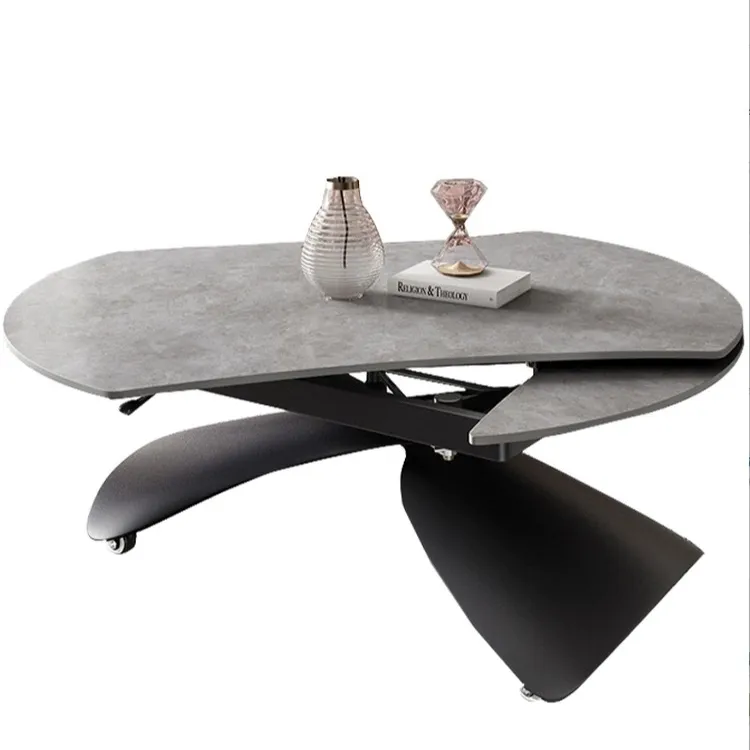Table basse fonctionnelle rectangulaire à hauteur réglable en pierre frittée italienne transformée en table ronde