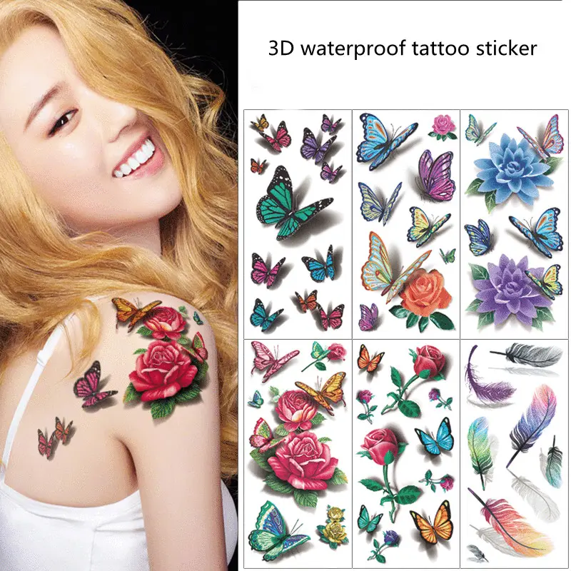 Pegatina de tatuaje de flor Rosa falsa personalizada, tatuajes temporales de mariposa, diseño 3d