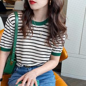 3643 Official Picture Ice Silk Knitwear Short Sleeve Women's T-shirt 2024 New Summer Ins Loose Korean Version of the Trend Overs