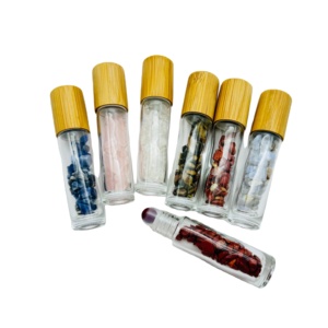 Refillable Cosmetic Perfume Glass Roll on Bottle Colorful Essential <strong>Oil</strong> 10ml Glass Bottle With Stone Roller Ball and Bamboo Cap