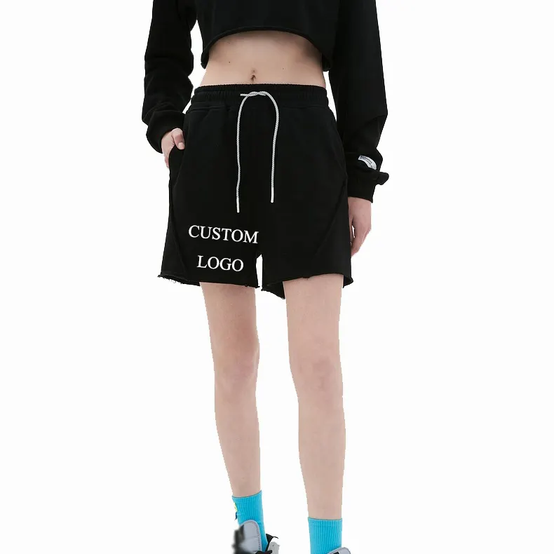 Short de survêtement ample avec cordon de serrage pour filles short de sport en coton noir à bord brut avec poches
