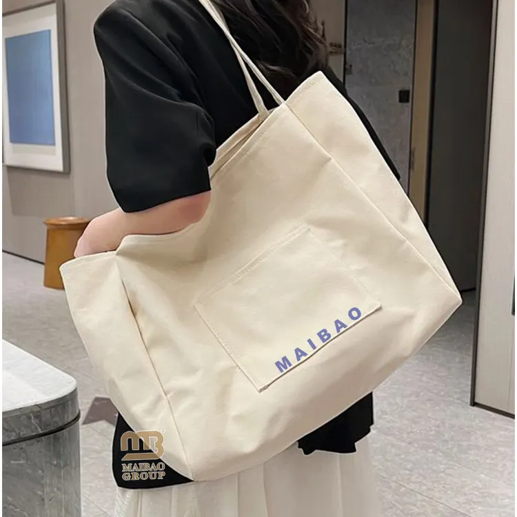 Custom Printed White Eco Friendly Reusable Cotton Canvas Tote Bag Logo Design Cotton Canvas Shopping Bag With Pocket And Zipper