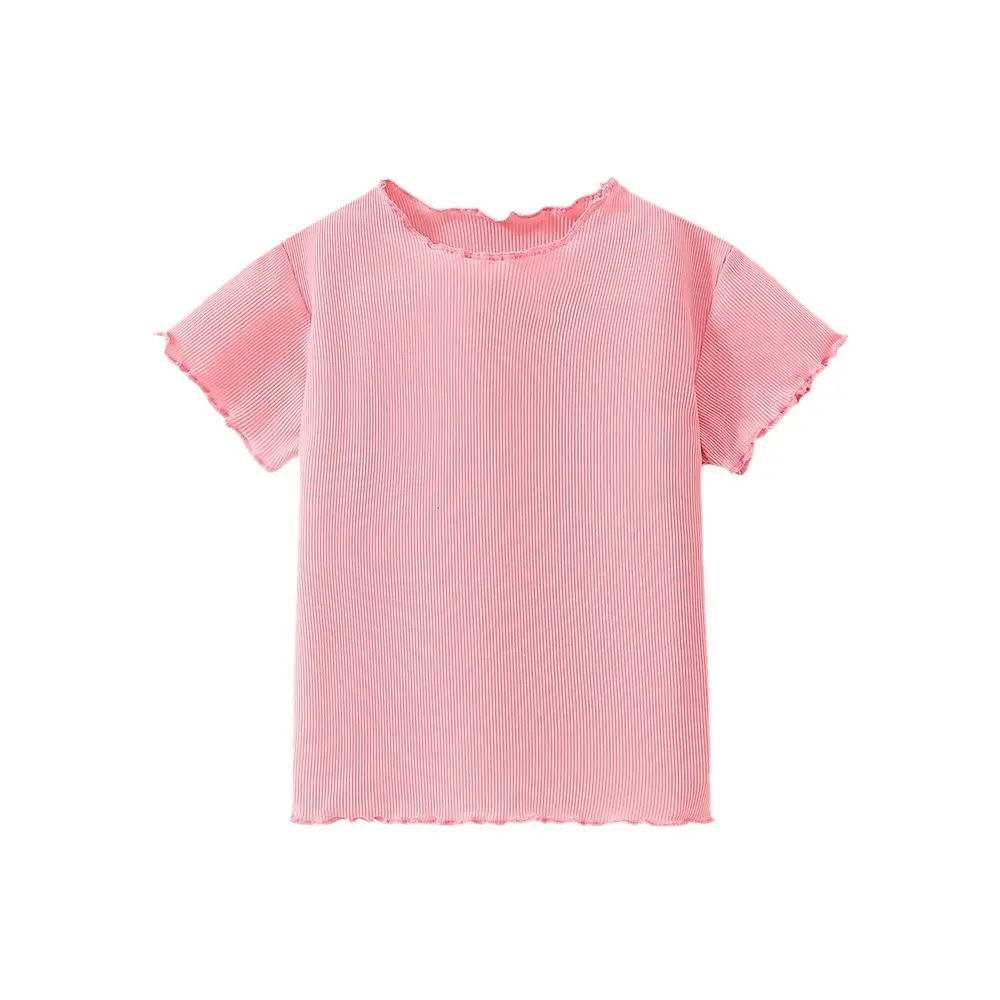Penjualan terlaris kaus anak-anak perempuan warna Solid leher bulat garis renda keren dan nyaman musim panas