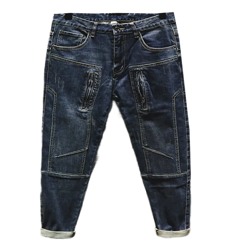 Stitching design denim trousers men's pocket zipper slim pants Male Slim Skinny Jeans