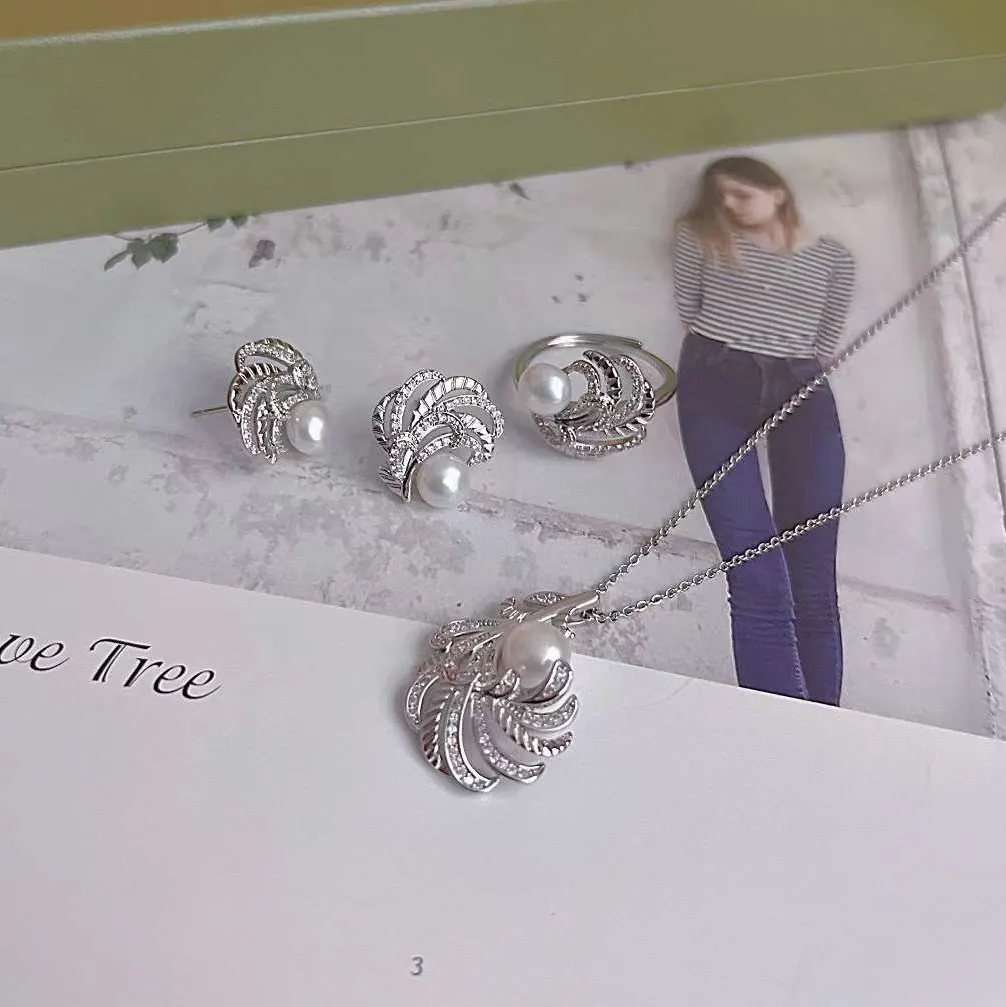 Conjunto de joyas de perlas 7-7,5mm collar de perlas de agua dulce conjunto de pendientes de anillo de moda 835 3 piezas Natural Super hermosa pluma de plata